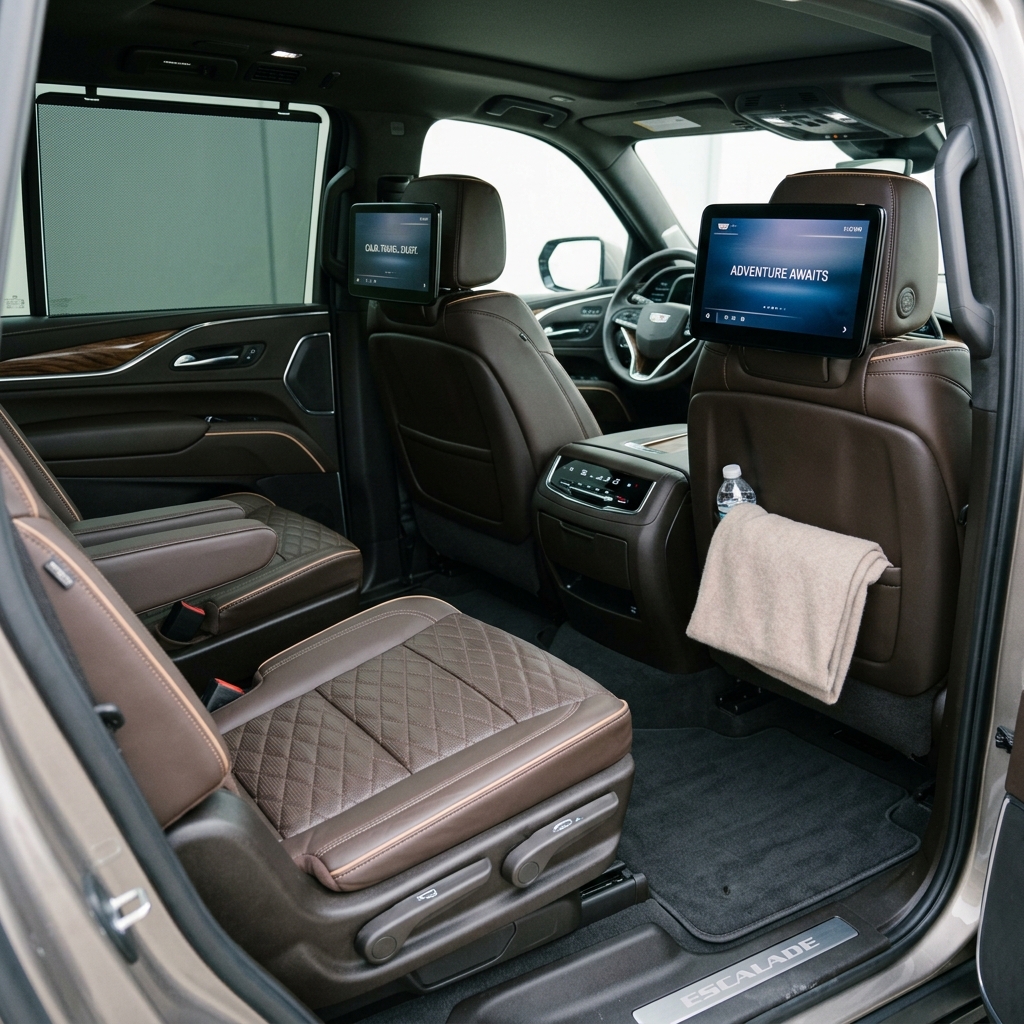 Second-row captain's chairs with brown quilted leather and headrest screens in a Cadillac Escalade SUV. (Representative image for illustration purposes only. Actual vehicle may vary based on trim and configuration.)