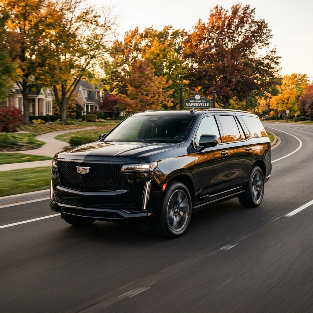 Black Cadillac Escalade driving on a suburban road surrounded by colorful autumn trees. (Representative image for illustration purposes only. Actual vehicle may vary based on trim and configuration.)