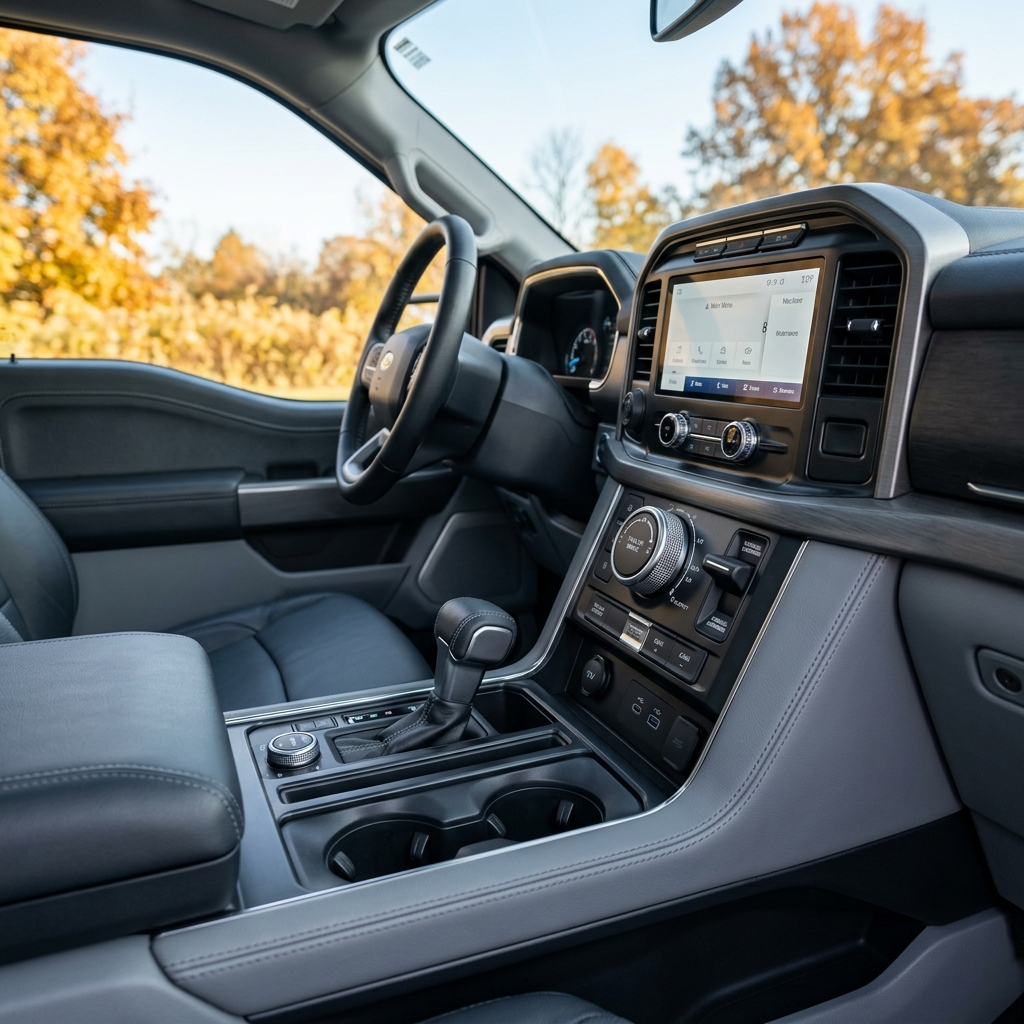 Interior view of a modern truck driver's seat, center console, gear shifter, and touchscreen dashboard. (Representative image for illustration purposes only. Actual vehicle may vary based on trim and configuration.)