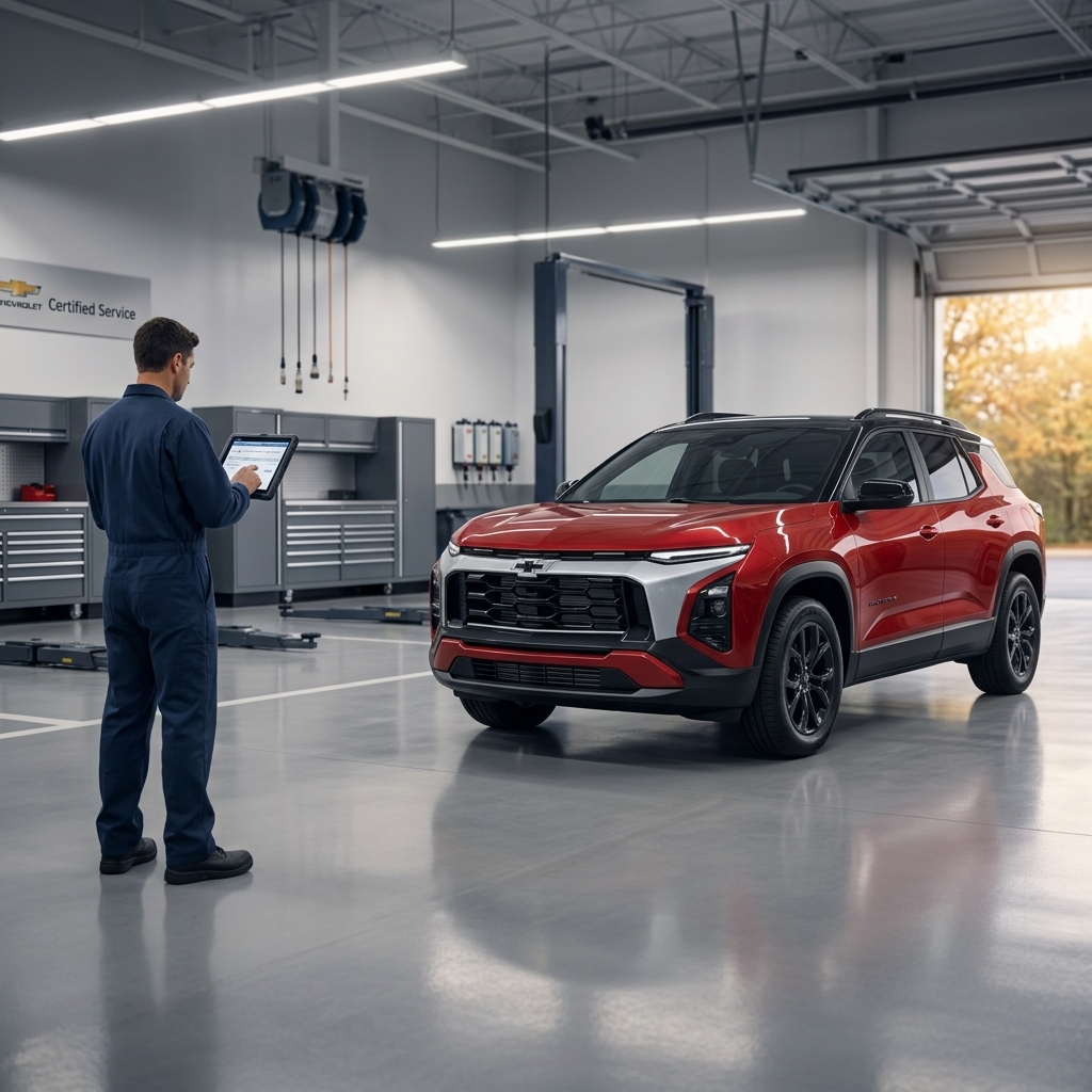 Service technician holding a digital tablet next to a red Chevrolet SUV inside a Chevrolet Certified Service center. (Representative image for illustration purposes only. Actual vehicle may vary based on trim and configuration.)