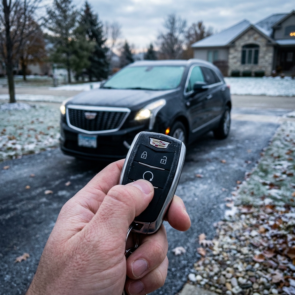 Hand pressing the remote start button on a Cadillac key fob pointed toward a frosty SUV parked in a driveway. (Representative image for illustration purposes only. Actual vehicle may vary based on trim and configuration.)