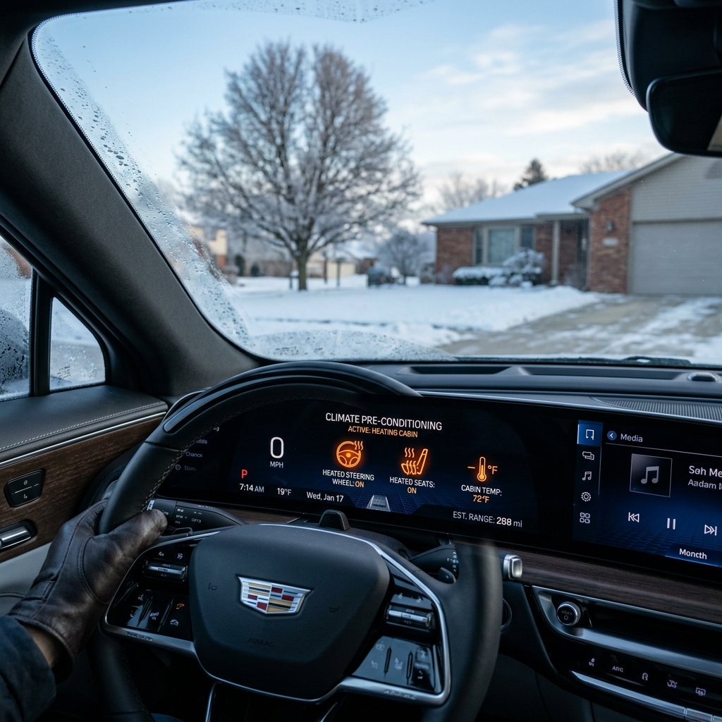 View from inside a Cadillac on a cold winter day showing climate pre-conditioning on the dashboard display. (Representative image for illustration purposes only. Actual vehicle may vary based on trim and configuration.)