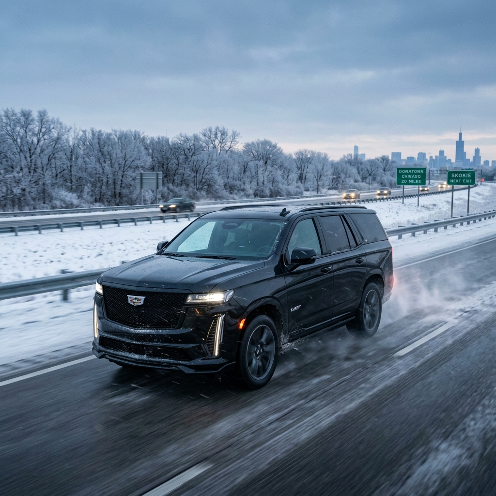 A black Cadillac Escalade SUV driving along a snow-covered highway with the Chicago skyline in the background. (Representative image for illustration purposes only. Actual vehicle may vary based on trim and configuration.)