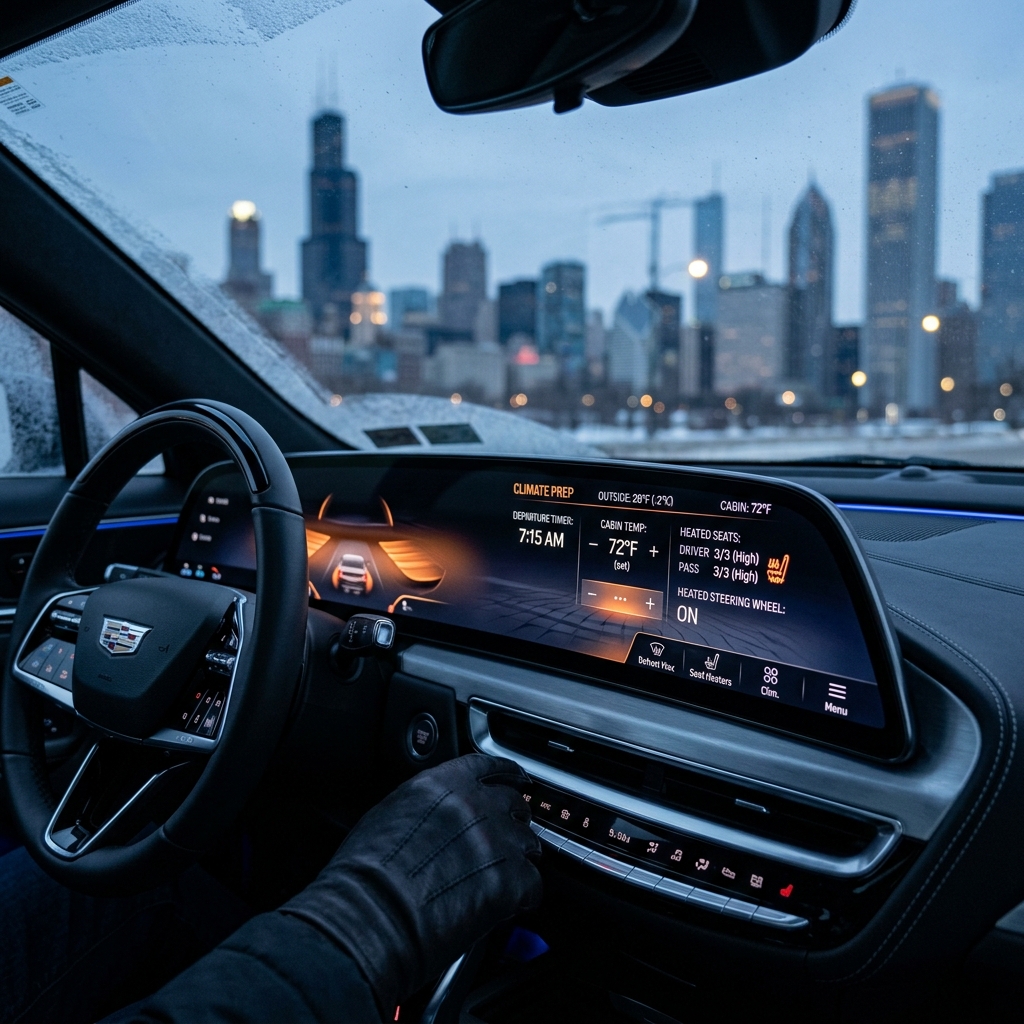 A driver's gloved hand adjusting controls inside a Cadillac car facing the cold Chicago skyline at twilight. (Representative image for illustration purposes only. Actual vehicle may vary based on trim and configuration.)