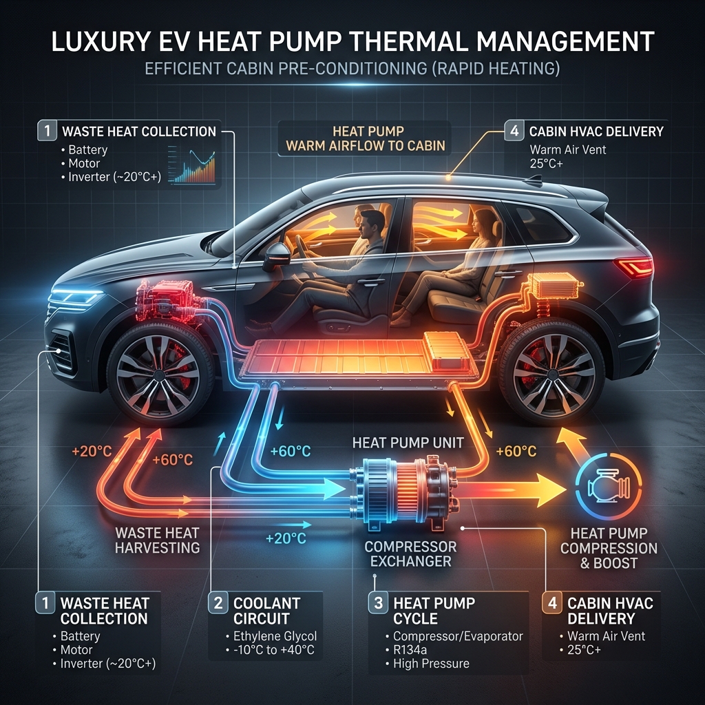 Technical diagram illustrating an electric vehicle heat pump system harvesting waste heat for cabin heating. (Representative image for illustration purposes only. Actual vehicle may vary based on trim and configuration.)