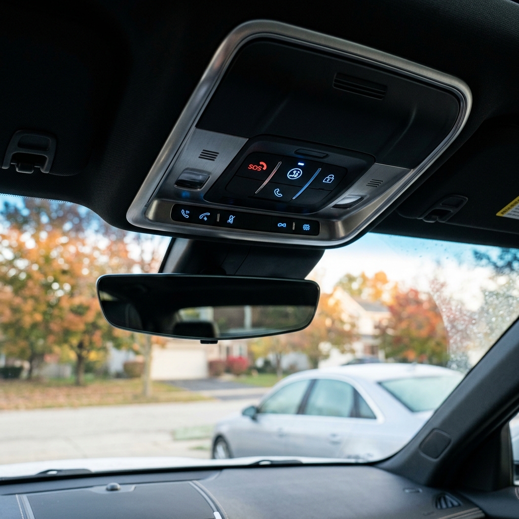 Overhead console controls and rearview mirror inside a car looking out at an autumn suburban street. (Representative image for illustration purposes only. Actual vehicle may vary based on trim and configuration.)