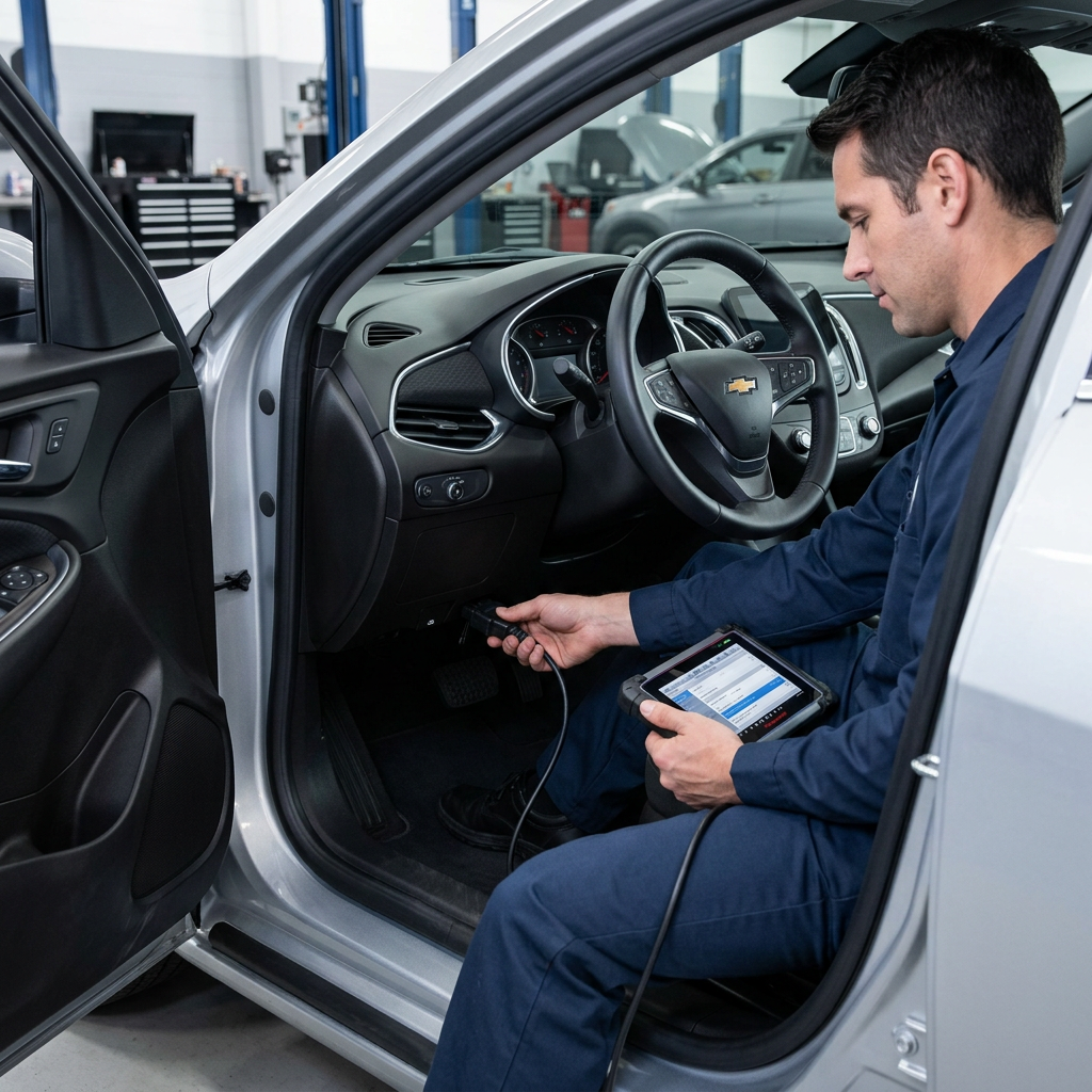A mechanic sitting in a silver Chevrolet vehicle plugging a diagnostic scanner cable into the OBD-II port. (Representative image for illustration purposes only. Actual vehicle may vary based on trim and configuration.)