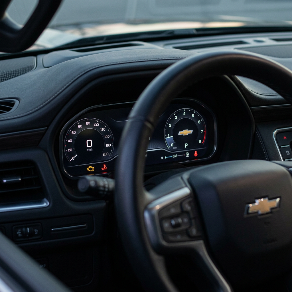 Close-up of a modern Chevrolet digital instrument cluster and steering wheel with visible dashboard warning lights. (Representative image for illustration purposes only. Actual vehicle may vary based on trim and configuration.)