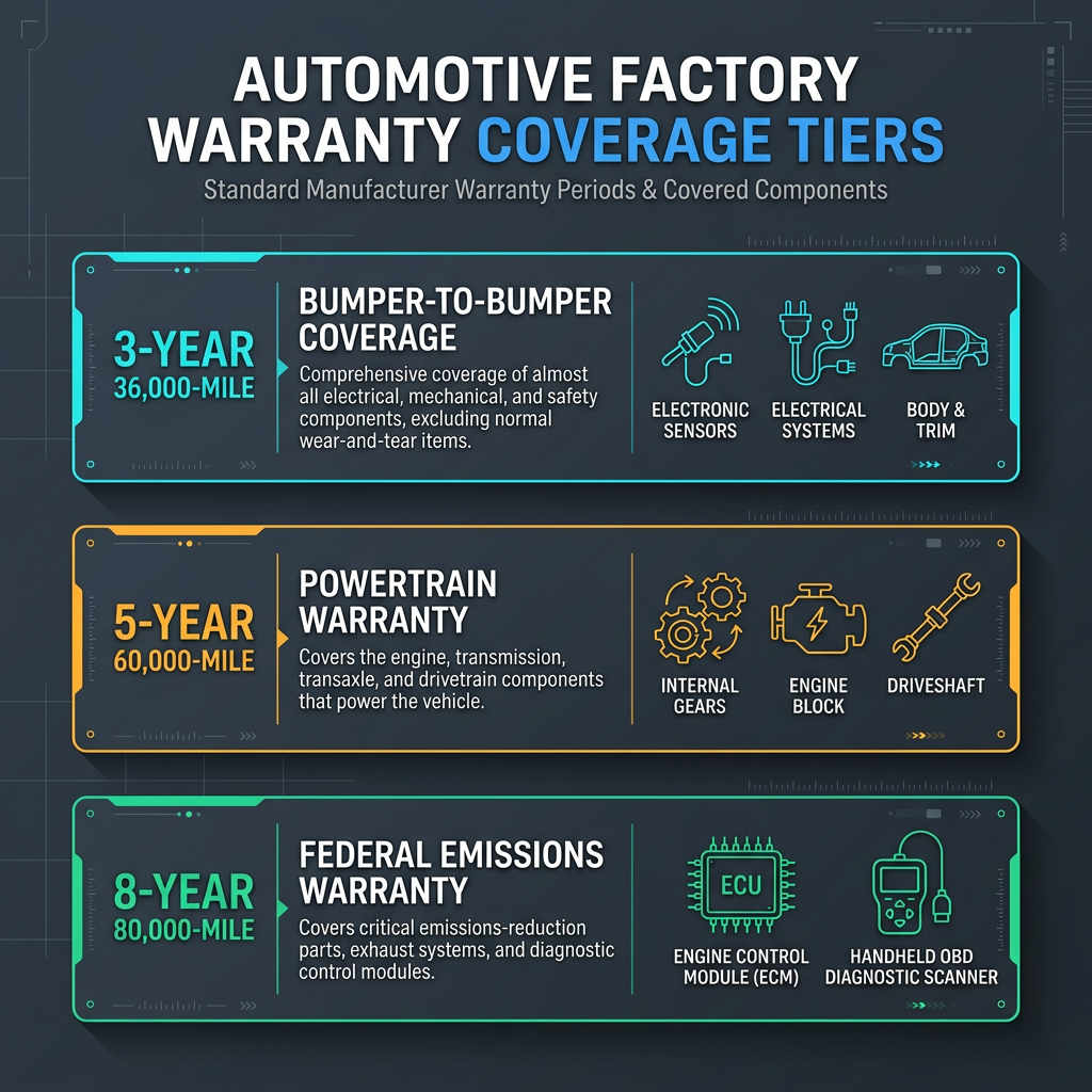 Infographic detailing automotive factory warranty coverage tiers: Bumper-to-Bumper, Powertrain, and Federal Emissions. (Representative image for illustration purposes only. Actual vehicle may vary based on trim and configuration.)