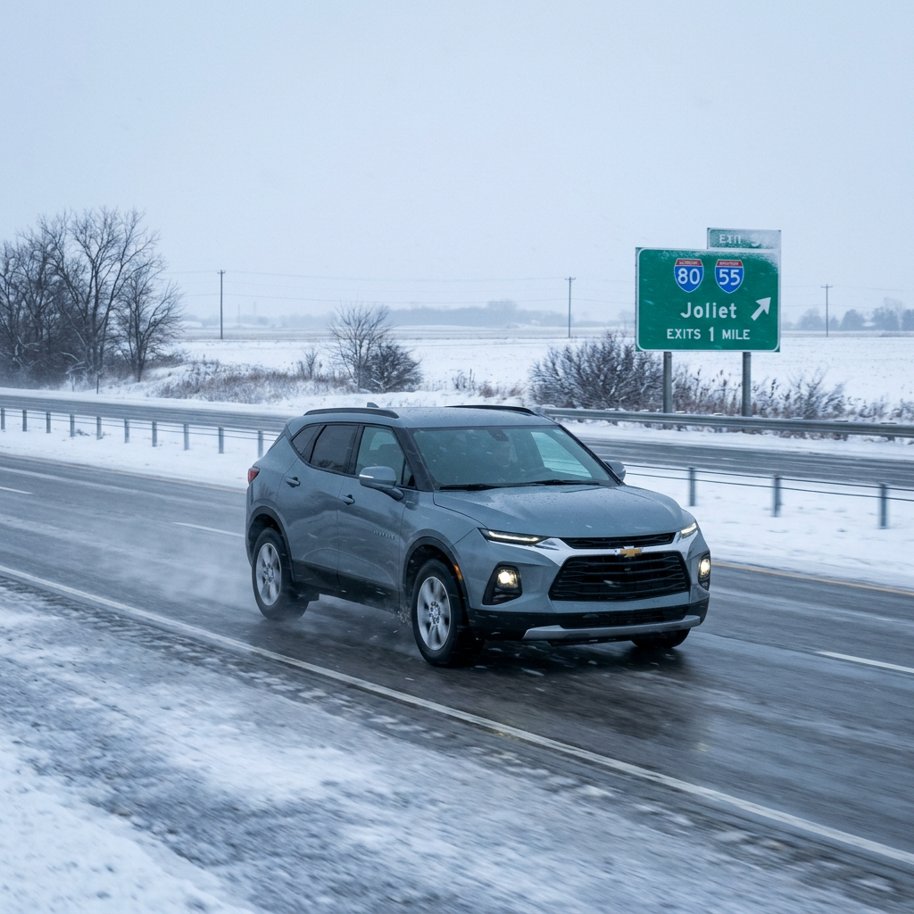 A grey Chevrolet SUV drives along a wet highway past a green sign for Interstate 80 and 55 toward Joliet. (Representative image for illustration purposes only. Actual vehicle may vary based on trim and configuration.)