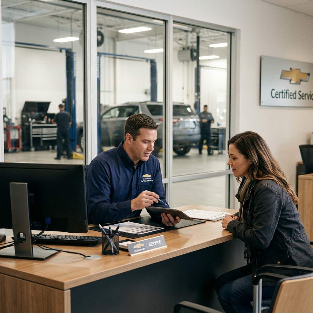 Chevrolet service advisor using a tablet to review repair details with a female customer at a dealership desk. (Representative image for illustration purposes only. Actual vehicle may vary based on trim and configuration.)