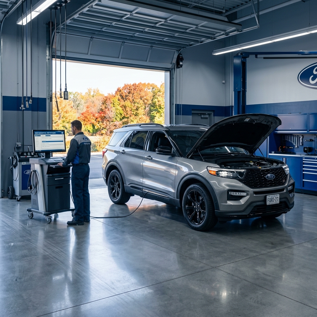 Technician using a diagnostic computer station connected to a silver Ford Explorer in a modern service bay. (Representative image for illustration purposes only. Actual vehicle may vary based on trim and configuration.)