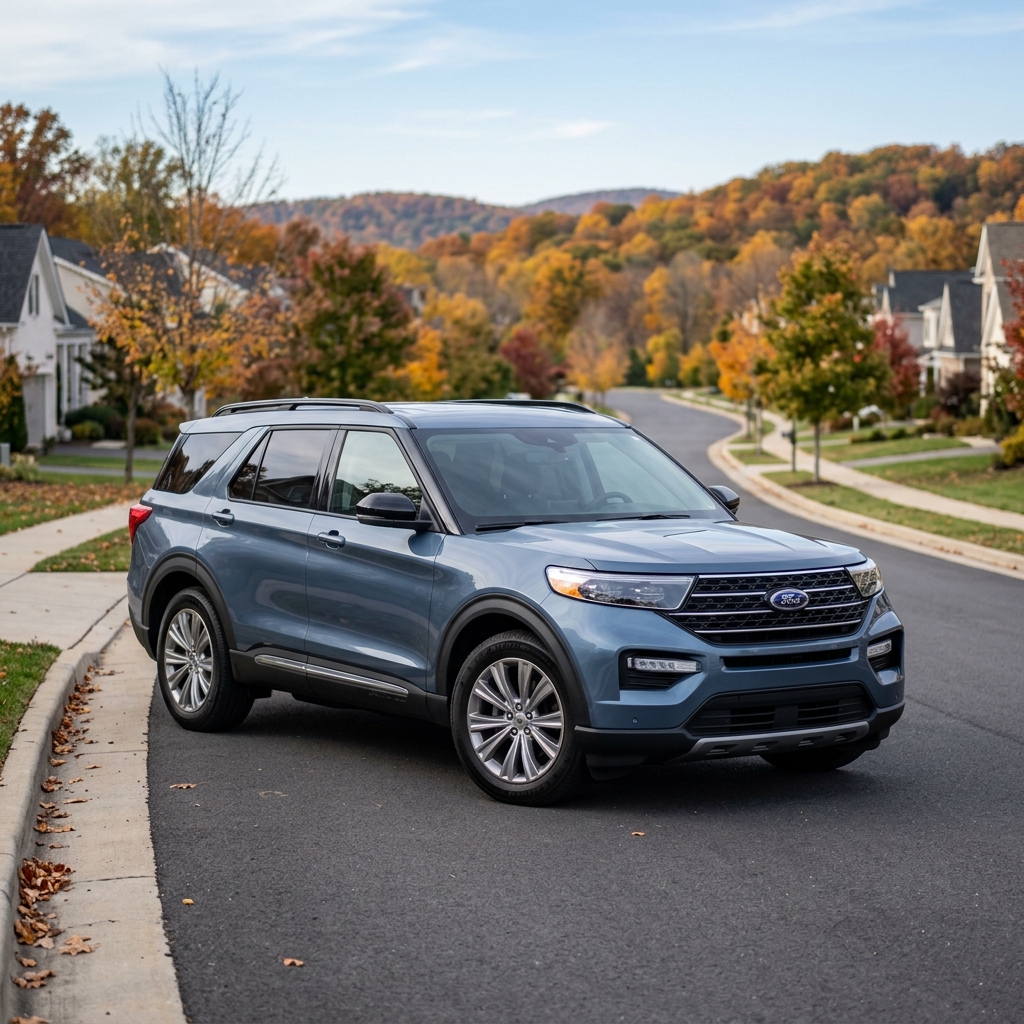 Blue Ford Explorer SUV parked along a curb on a residential street surrounded by autumn foliage. (Representative image for illustration purposes only. Actual vehicle may vary based on trim and configuration.)