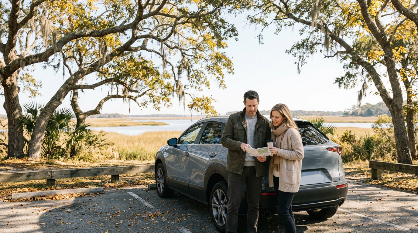 A couple looking at a road map while standing next to their car parked near a scenic coastal marsh. (Representative image for illustration purposes only. Actual vehicle may vary based on trim and configuration.)
