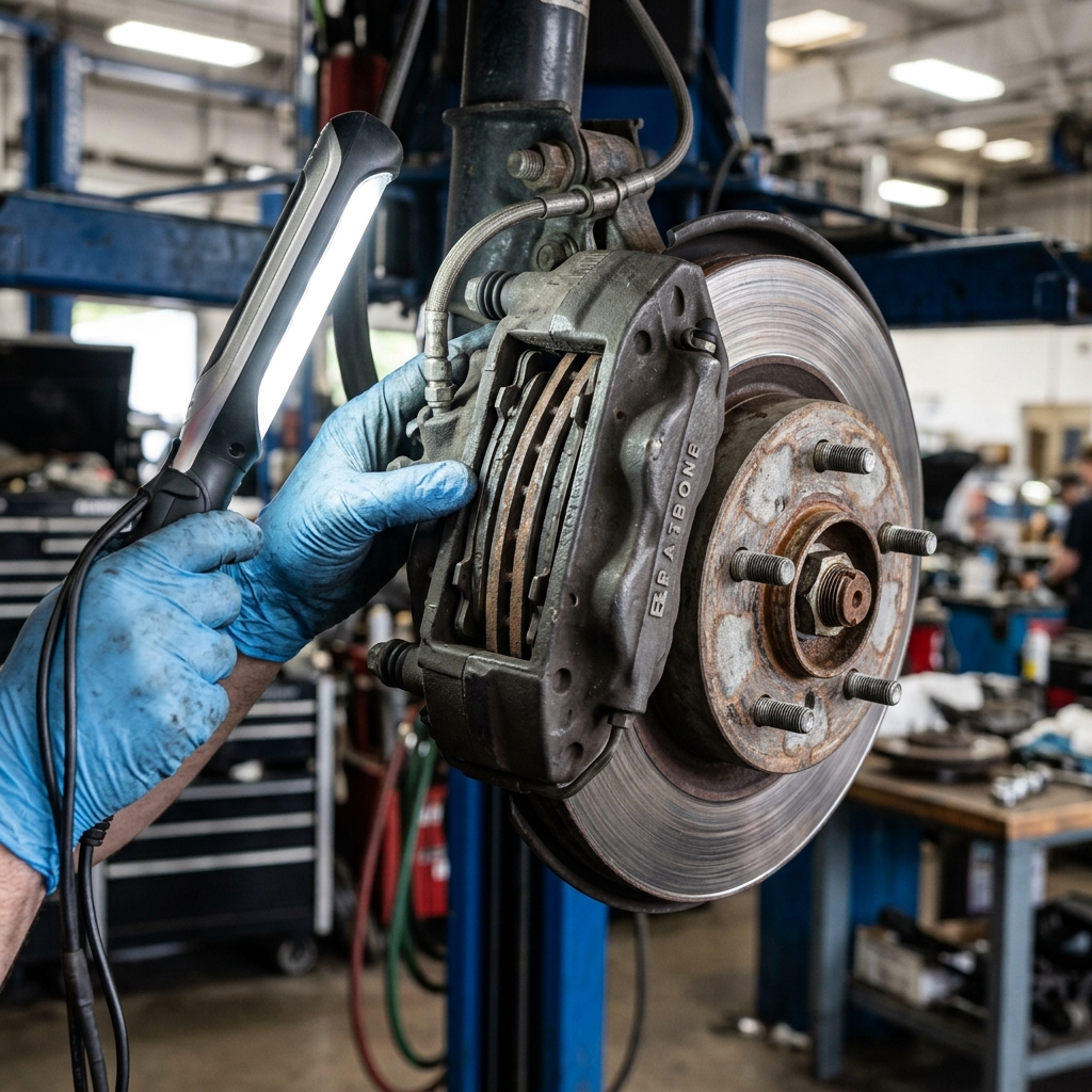 Mechanic in blue gloves holding an LED work light while inspecting a car's brake caliper and rotor. (Representative image for illustration purposes only. Actual vehicle may vary based on trim and configuration.)