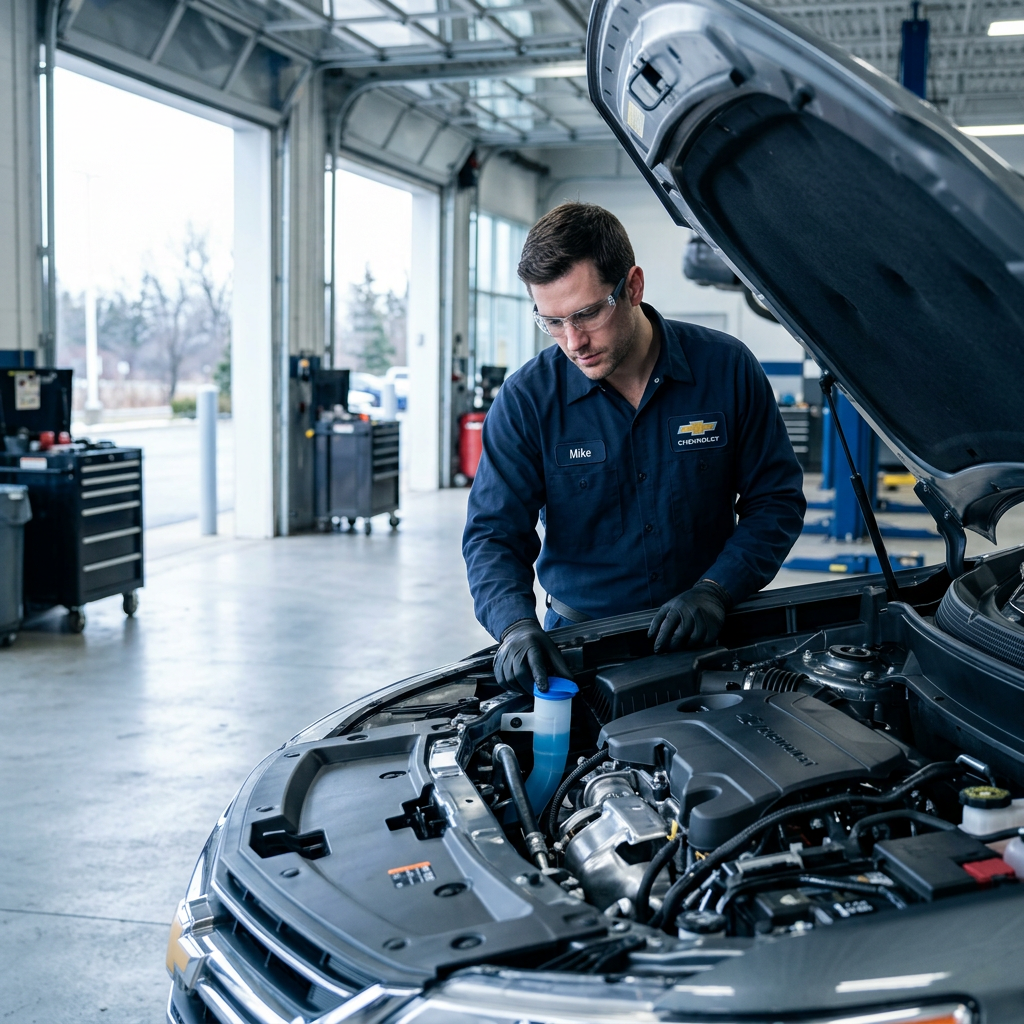 A mechanic wearing safety glasses and gloves checks fluid levels under the open hood of a car in a service garage. (Representative image for illustration purposes only. Actual vehicle may vary based on trim and configuration.)