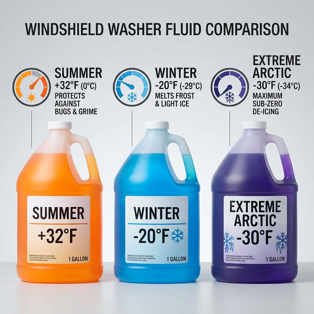Infographic comparing summer, winter, and extreme arctic windshield washer fluids with temperature ratings and uses. (Representative image for illustration purposes only. Actual vehicle may vary based on trim and configuration.)