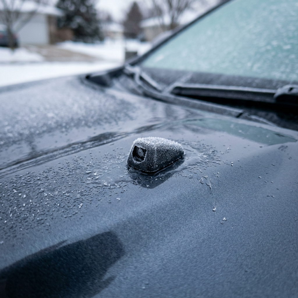 A frosted windshield washer nozzle on a dark car hood covered in ice droplets on a cold winter day. (Representative image for illustration purposes only. Actual vehicle may vary based on trim and configuration.)