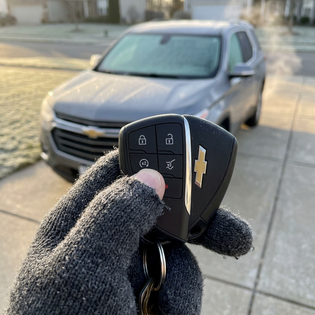 A gloved hand holding a Chevy key fob to remote start a frost-covered silver SUV on a driveway. (Representative image for illustration purposes only. Actual vehicle may vary based on trim and configuration.)