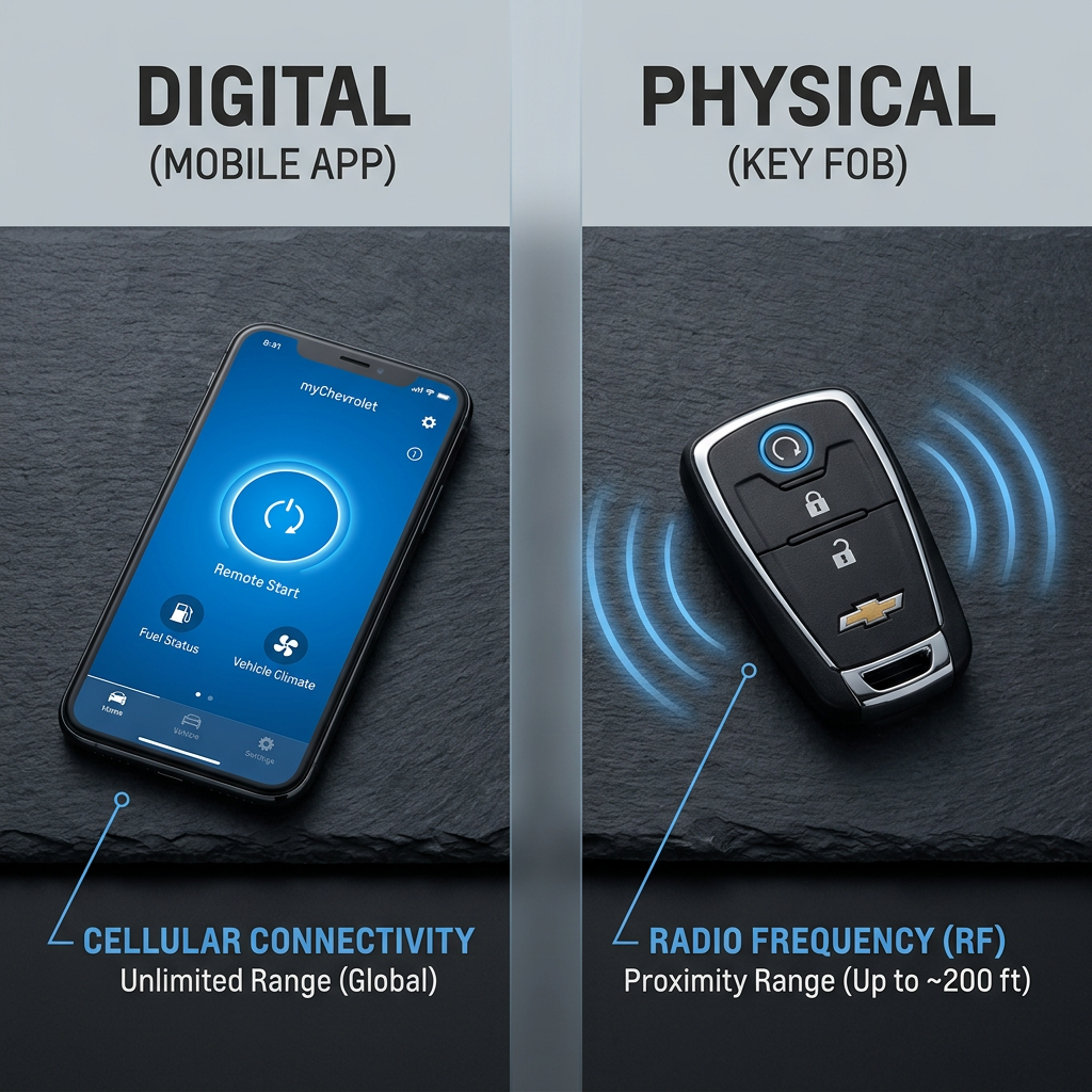 Comparison of digital mobile app and physical key fob remote start options for a Chevrolet vehicle. (Representative image for illustration purposes only. Actual vehicle may vary based on trim and configuration.)