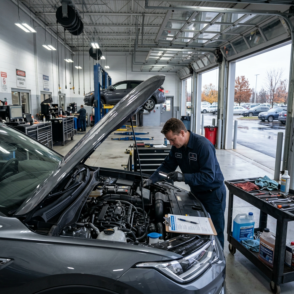 A mechanic using a flashlight to inspect an open car engine inside a brightly lit automotive service garage. (Representative image for illustration purposes only. Actual vehicle may vary based on trim and configuration.)