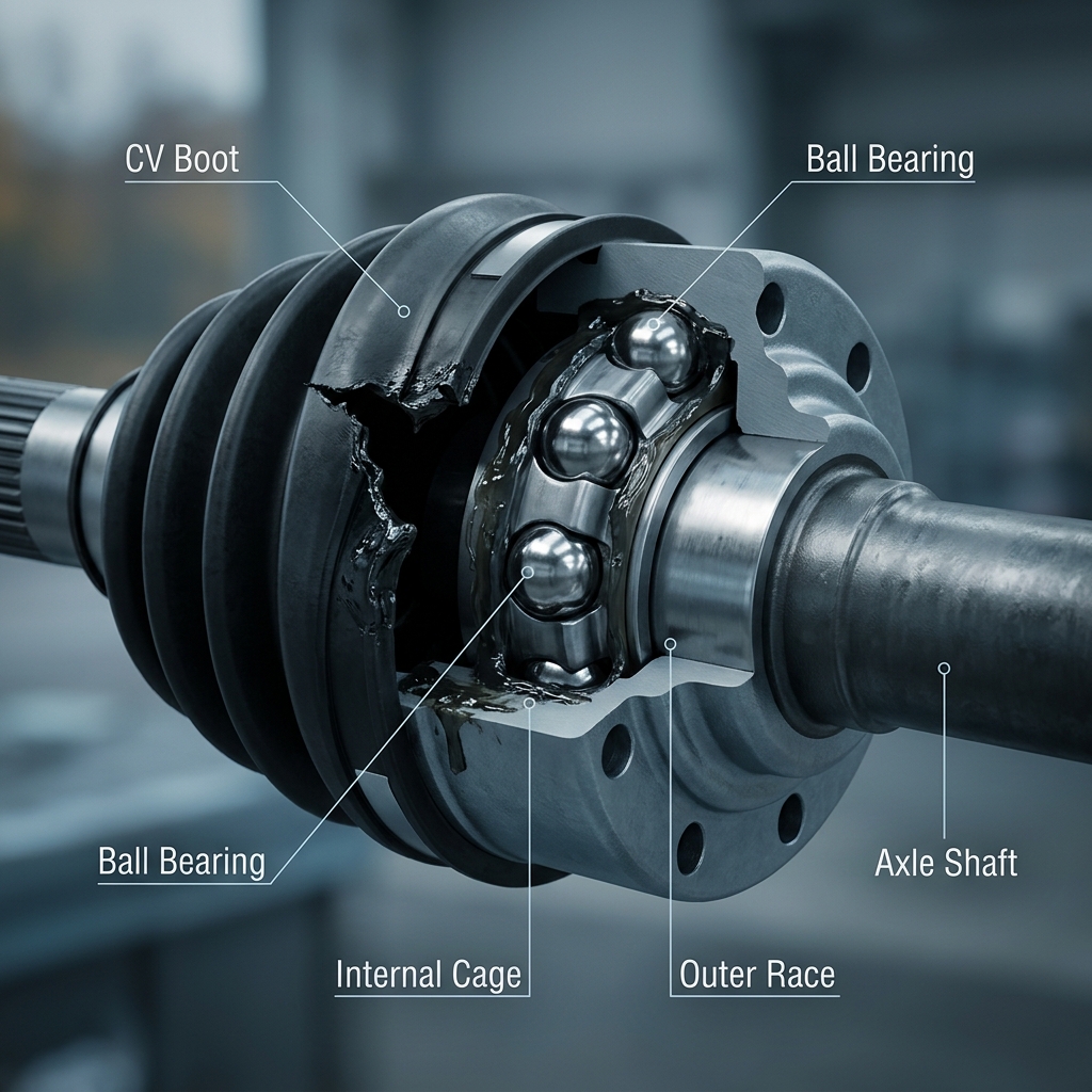 Cutaway diagram of a damaged constant-velocity CV joint showing ball bearings, internal cage, outer race, and torn boot. (Representative image for illustration purposes only. Actual vehicle may vary based on trim and configuration.)