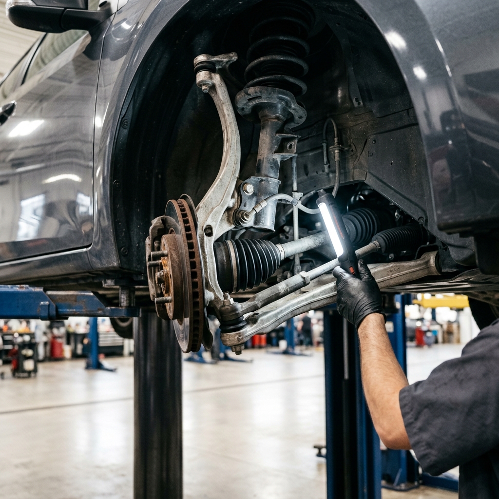 Mechanic using a work light to inspect the front suspension and brake assembly of a car raised on a lift. (Representative image for illustration purposes only. Actual vehicle may vary based on trim and configuration.)