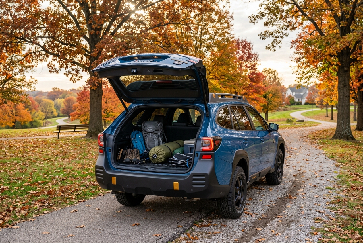 Blue SUV parked on a gravel path with its open trunk filled with camping gear amidst vibrant autumn trees. (Representative image for illustration purposes only. Actual vehicle may vary based on trim and configuration.)