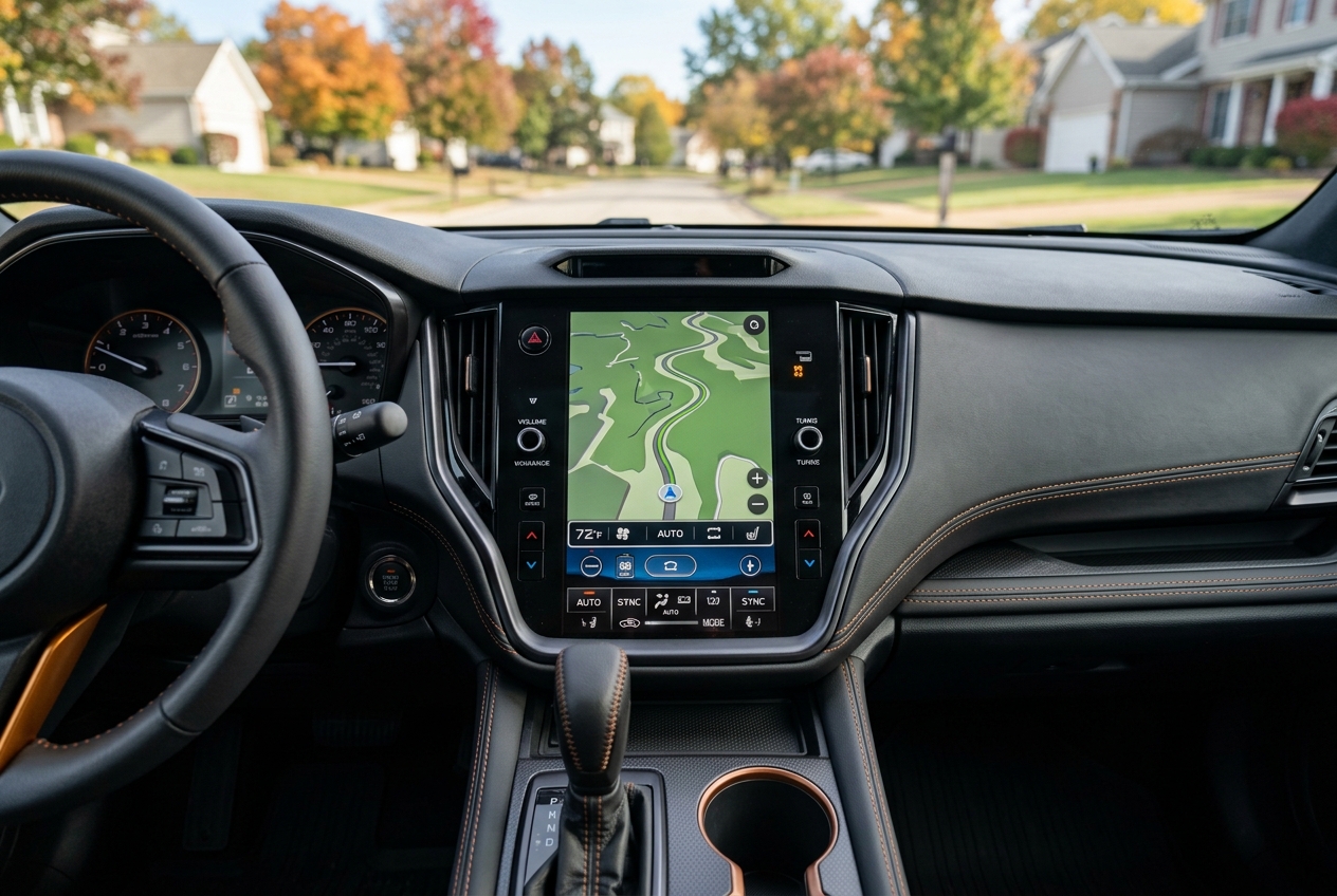 View from the driver's seat of a modern car interior featuring a large vertical touchscreen displaying a GPS map. (Representative image for illustration purposes only. Actual vehicle may vary based on trim and configuration.)