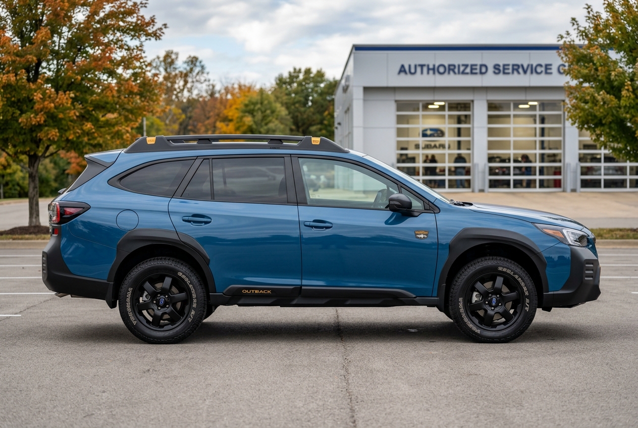 Side profile of a blue Subaru Outback Wilderness wagon parked outside a dealership service center. (Representative image for illustration purposes only. Actual vehicle may vary based on trim and configuration.)