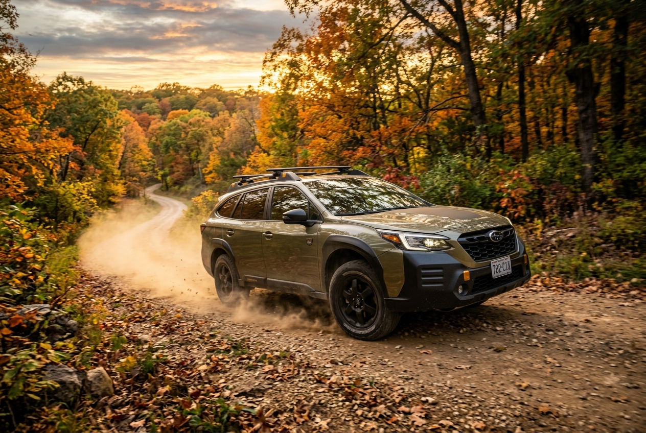 A green Subaru Outback Wilderness driving along a dusty dirt road surrounded by autumn trees at sunset. (Representative image for illustration purposes only. Actual vehicle may vary based on trim and configuration.)