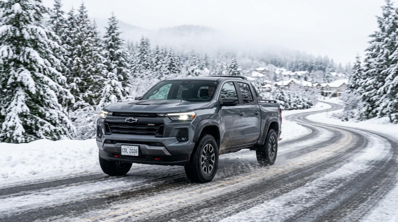 A grey Chevrolet Colorado pickup truck driving on a snowy, winding mountain road surrounded by pine trees. (Representative image for illustration purposes only. Actual vehicle may vary based on trim and configuration.)