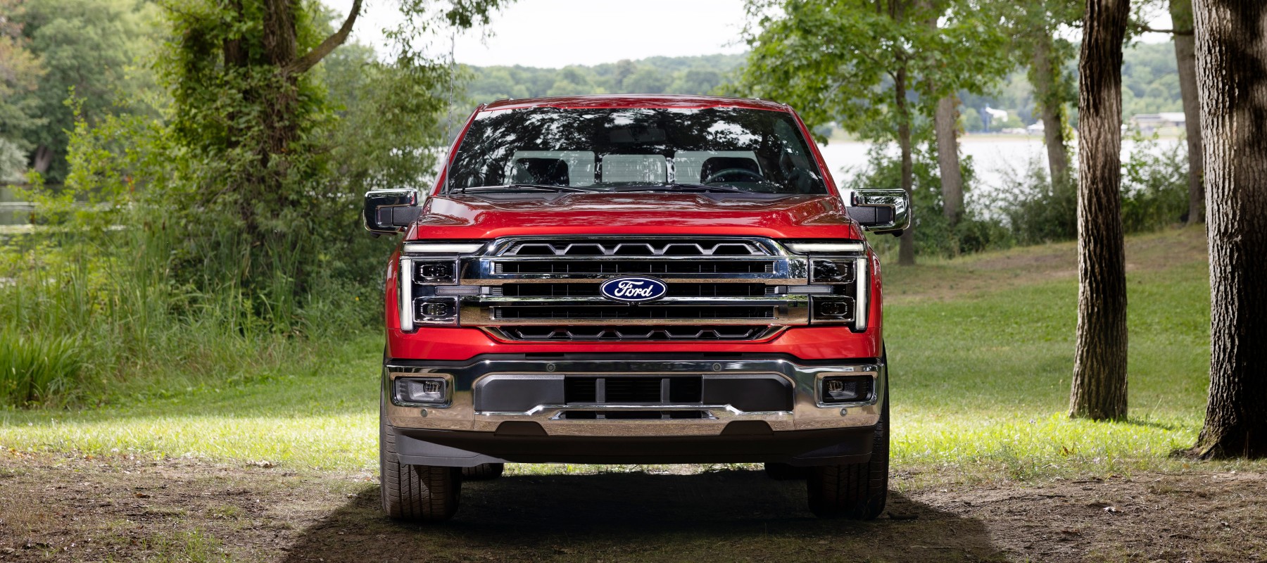 Front view of a red Ford F-150 pickup truck parked in a grassy park surrounded by trees.