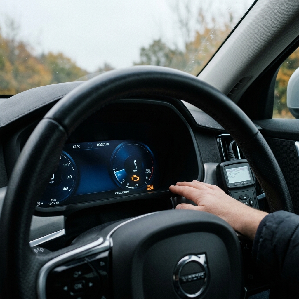 View from behind a Volvo steering wheel showing an illuminated check engine light on the digital dashboard display. (Representative image for illustration purposes only. Actual vehicle may vary based on trim and configuration.)