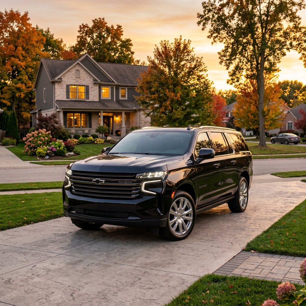A shiny black Chevy SUV parked on a concrete driveway in front of a suburban home surrounded by colorful fall trees. (Representative image for illustration purposes only. Actual vehicle may vary based on trim and configuration.)