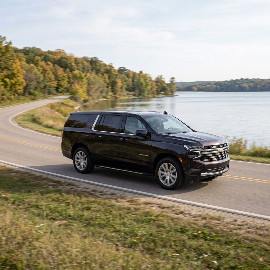 A dark brown Chevrolet Suburban driving along a winding lakeside road surrounded by autumn trees. (Representative image for illustration purposes only. Actual vehicle may vary based on trim and configuration.)