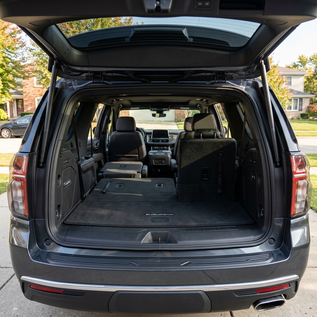 Open tailgate of a dark gray Chevy Suburban SUV showing flexible folded seats and carpeted cargo area. (Representative image for illustration purposes only. Actual vehicle may vary based on trim and configuration.)