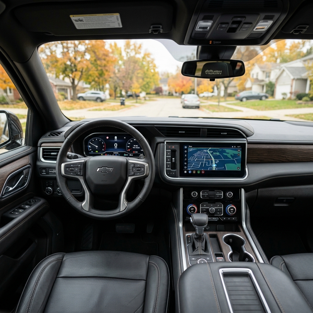 Interior view of a Chevrolet SUV featuring a digital dashboard, leather steering wheel, and navigation screen. (Representative image for illustration purposes only. Actual vehicle may vary based on trim and configuration.)