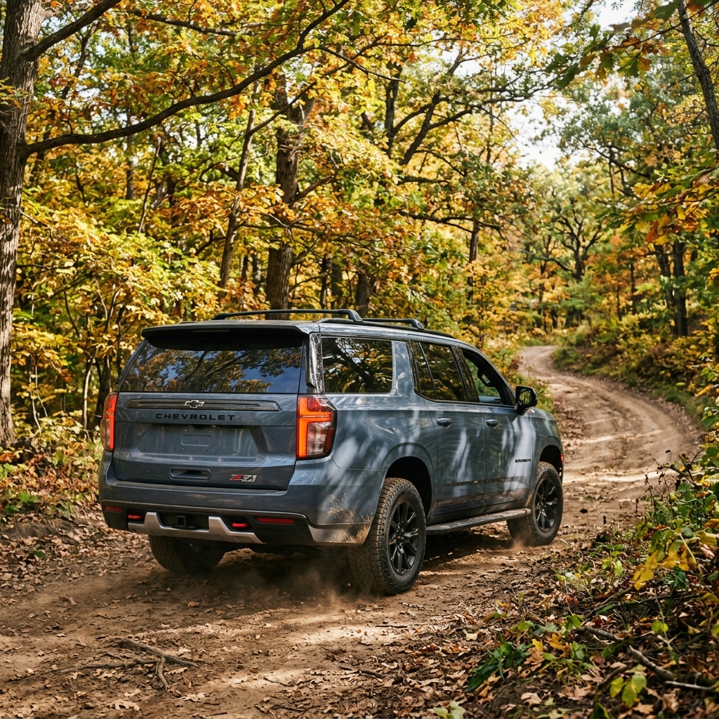 Rear three-quarter view of a gray Chevrolet Z71 SUV driving along a dirt road through an autumn forest. (Representative image for illustration purposes only. Actual vehicle may vary based on trim and configuration.)