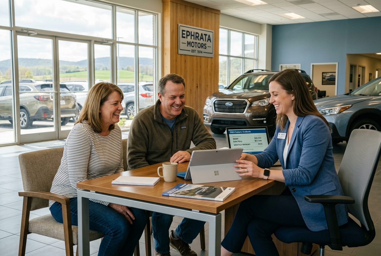 Customers reviewing vehicle purchase information with a dealership representative. (Representative image for illustration purposes only.)
