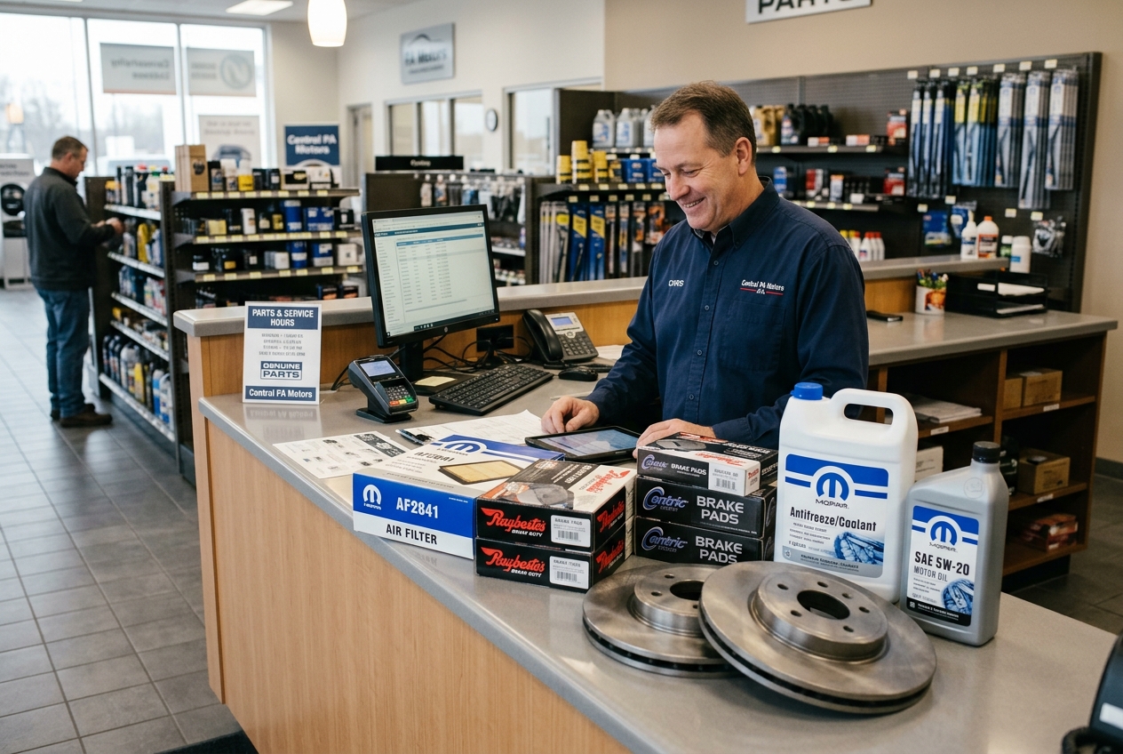 Automotive parts counter with vehicle maintenance components and accessories. (Representative image for illustration purposes only.)