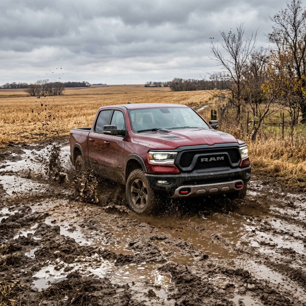 Red Ram pickup truck driving through deep mud on a rural dirt road under cloudy skies. (Representative image for illustration purposes only. Actual vehicle may vary based on trim and configuration.)