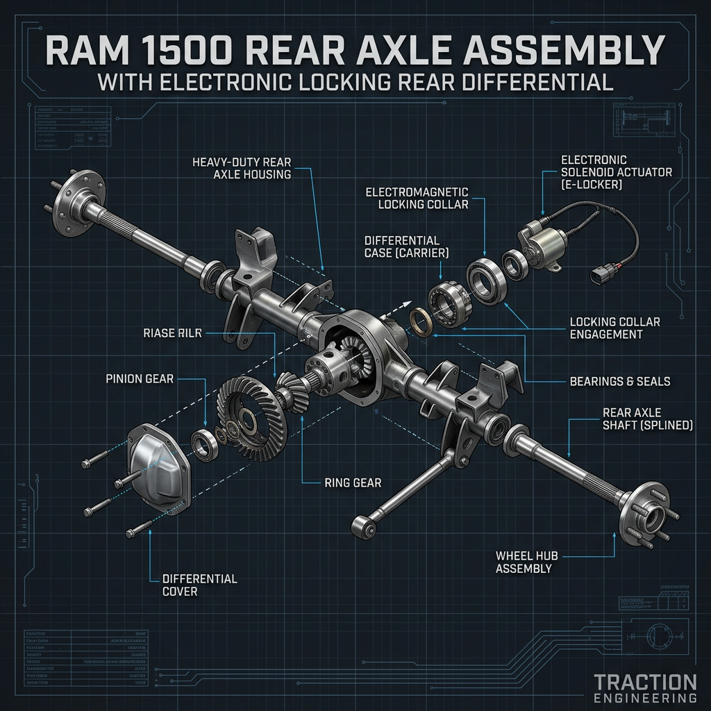 Exploded technical diagram of a RAM 1500 rear axle assembly featuring an electronic locking differential. (Representative image for illustration purposes only. Actual vehicle may vary based on trim and configuration.)