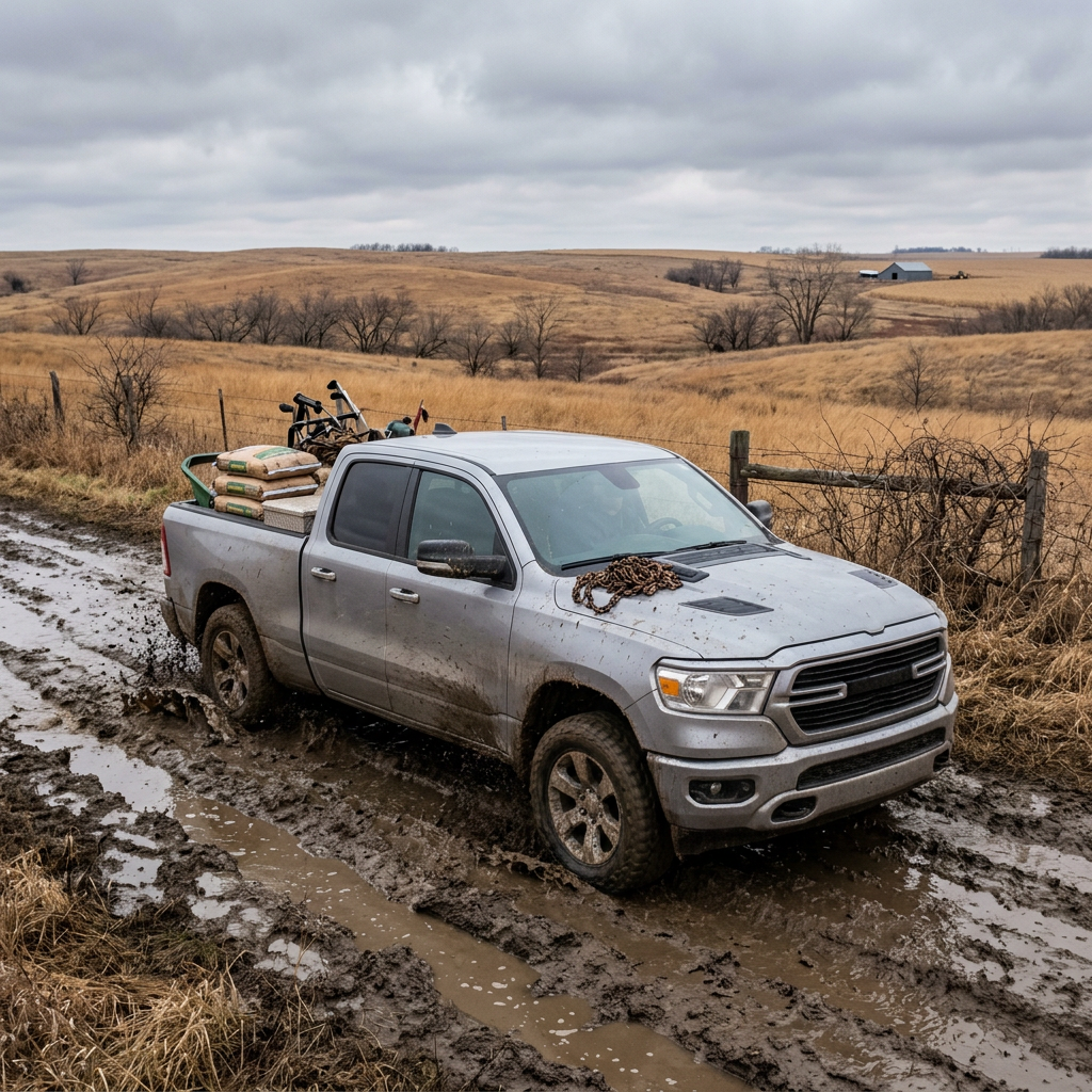 Silver pickup truck loaded with cargo navigating a deeply rutted, muddy dirt road through rural rolling hills. (Representative image for illustration purposes only. Actual vehicle may vary based on trim and configuration.)