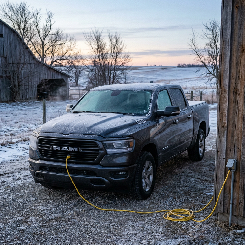 A dark grey Ram pickup truck parked near a barn with a yellow extension cord plugged into its front grille. (Representative image for illustration purposes only. Actual vehicle may vary based on trim and configuration.)
