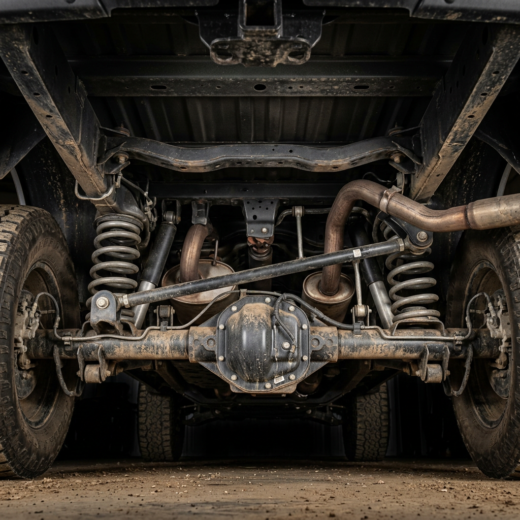 Underside view of a truck's rear suspension, solid axle differential, coil springs, and exhaust system. (Representative image for illustration purposes only. Actual vehicle may vary based on trim and configuration.)