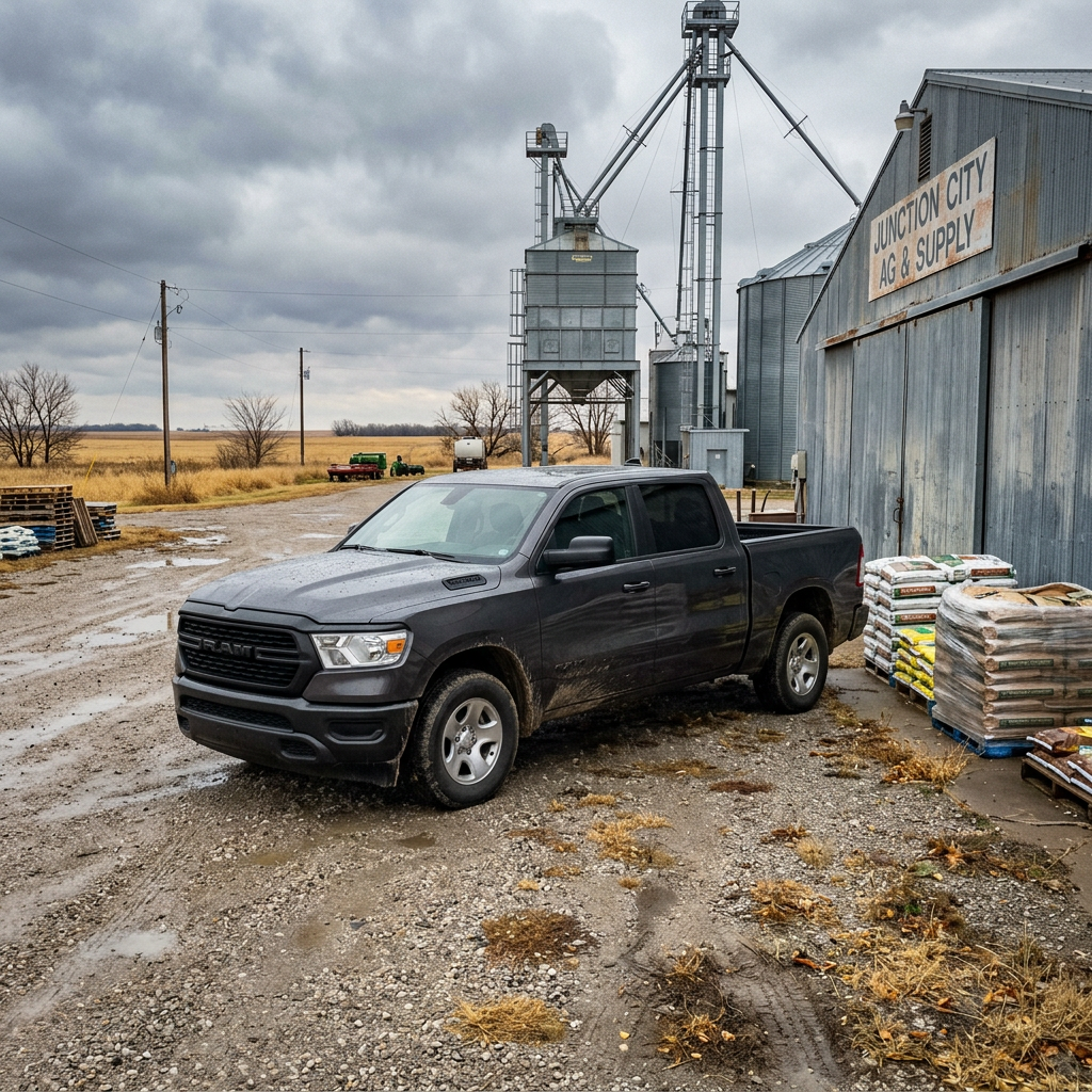 Dark gray RAM pickup truck parked on a muddy gravel lot beside an agricultural supply warehouse and grain elevator. (Representative image for illustration purposes only. Actual vehicle may vary based on trim and configuration.)