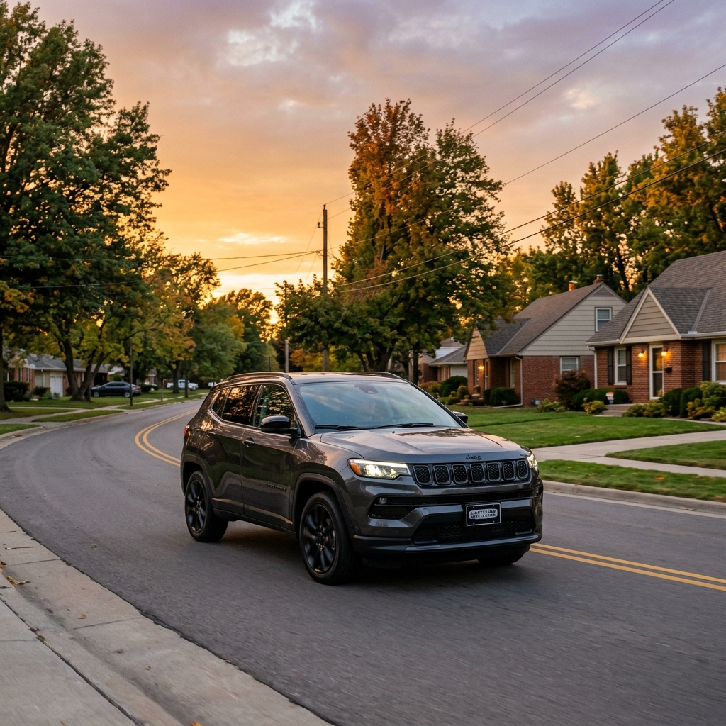 Dark grey Jeep SUV driving down a suburban street during a golden sunset. (Representative image for illustration purposes only. Actual vehicle may vary based on trim and configuration.)