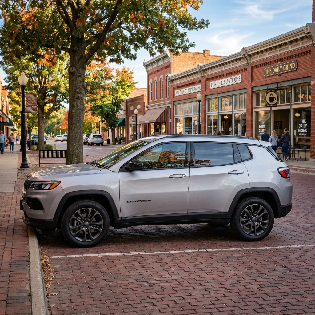 Silver Jeep Compass parked along a brick-paved street in a historic downtown area during autumn. (Representative image for illustration purposes only. Actual vehicle may vary based on trim and configuration.)