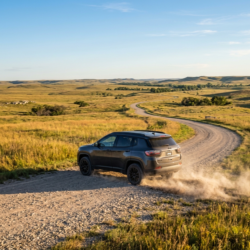 Dark gray Jeep SUV driving along a winding dirt road through a vast grassy landscape, kicking up dust. (Representative image for illustration purposes only. Actual vehicle may vary based on trim and configuration.)